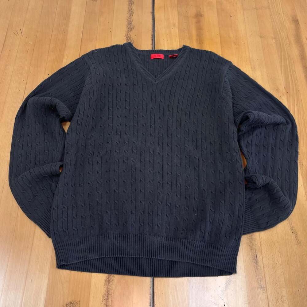 IZOD Cable Knit V-Neck Sweater Size L Navy Blue Cotton